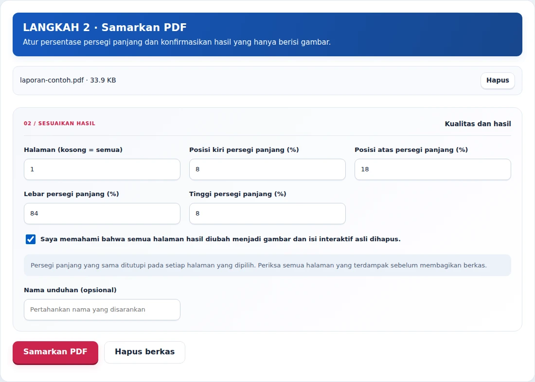 Samarkan PDF, langkah 2: Atur persentase persegi panjang dan konfirmasikan hasil yang hanya berisi gambar.