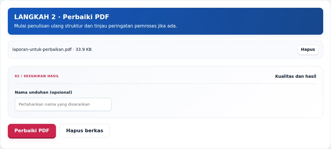 Perbaiki PDF, langkah 2: Mulai penulisan ulang struktur dan tinjau peringatan pemroses jika ada.