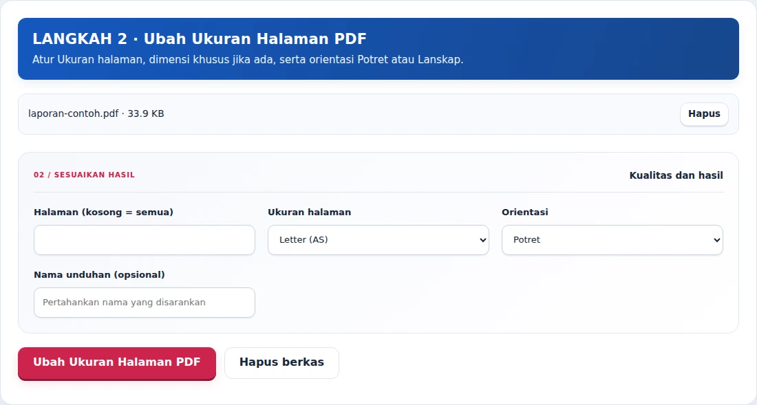 Ubah Ukuran Halaman PDF, langkah 2: Atur Ukuran halaman, dimensi khusus jika ada, serta orientasi Potret atau Lanskap.