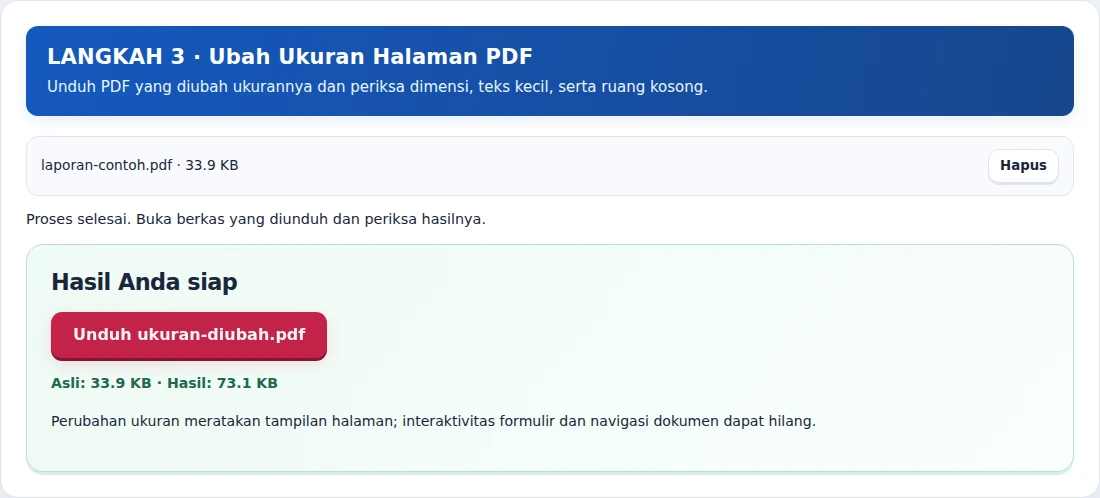 Ubah Ukuran Halaman PDF, langkah 3: Unduh PDF yang diubah ukurannya dan periksa dimensi, teks kecil, serta ruang kosong.