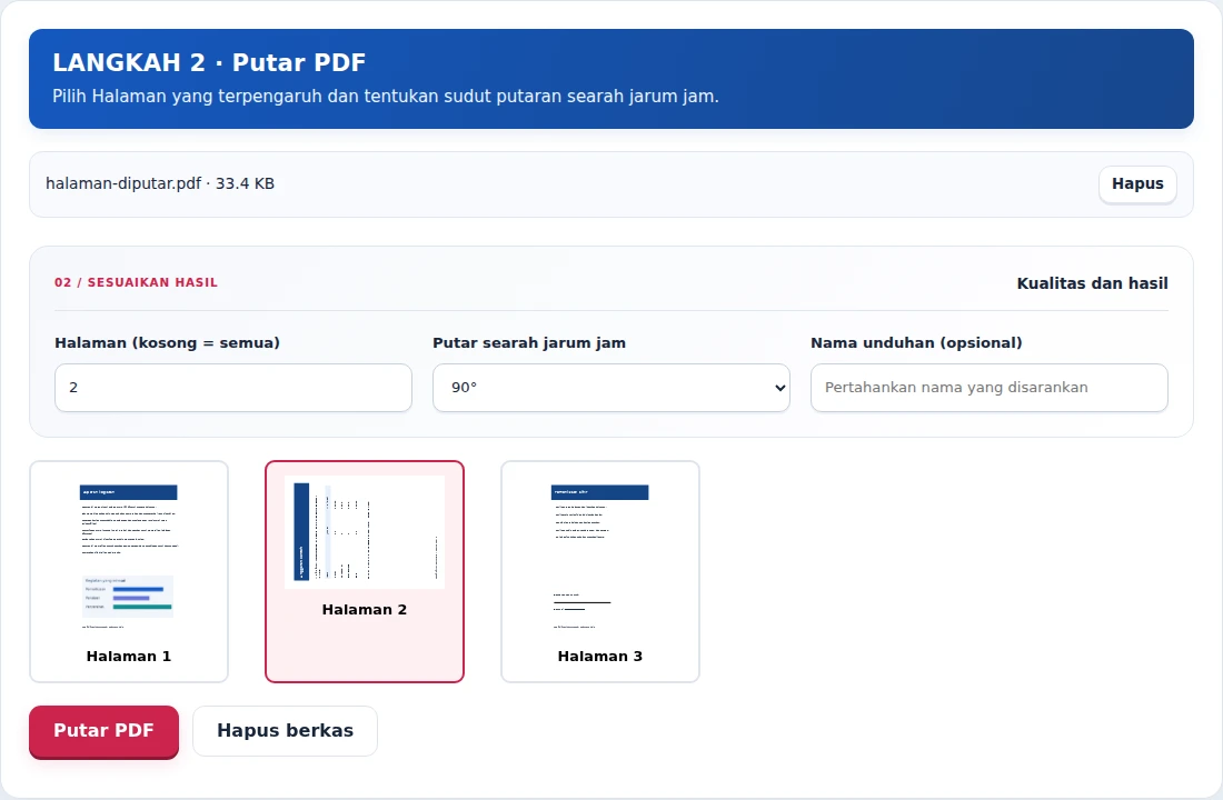 Putar PDF, langkah 2: Pilih Halaman yang terpengaruh dan tentukan sudut putaran searah jarum jam.