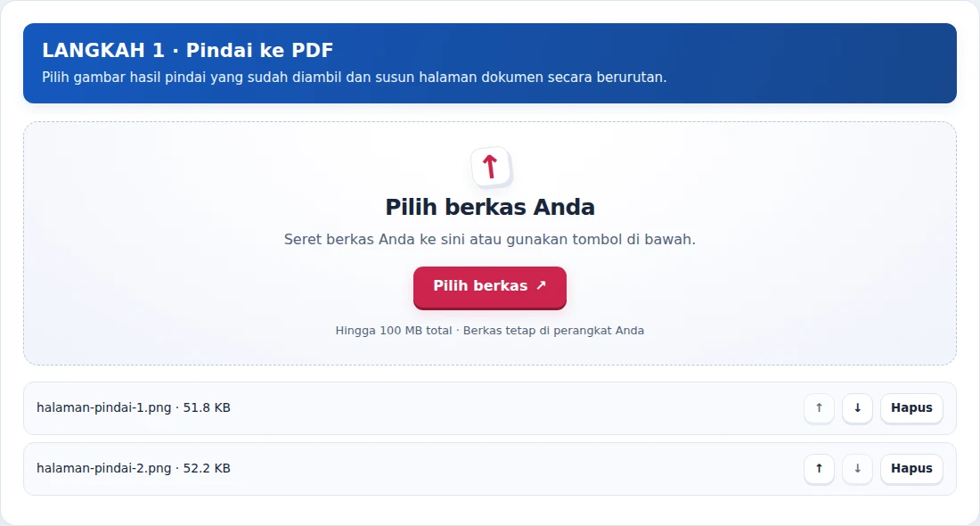 Pindai ke PDF, langkah 1: Pilih gambar hasil pindai yang sudah diambil dan susun halaman dokumen secara berurutan.