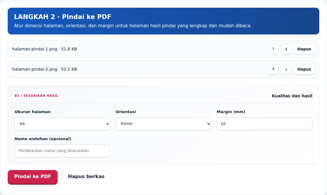 Pindai ke PDF, langkah 2: Atur dimensi halaman, orientasi, dan margin untuk halaman hasil pindai yang lengkap dan mudah dibaca.
