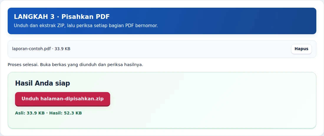 Pisahkan PDF, langkah 3: Unduh dan ekstrak ZIP, lalu periksa setiap bagian PDF bernomor.