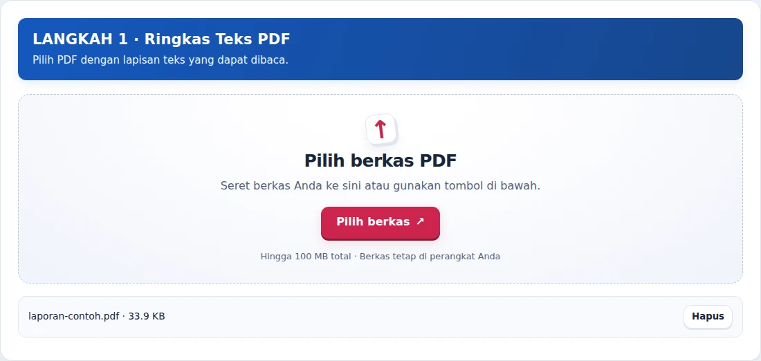 Ringkas Teks PDF, langkah 1: Pilih PDF dengan lapisan teks yang dapat dibaca.
