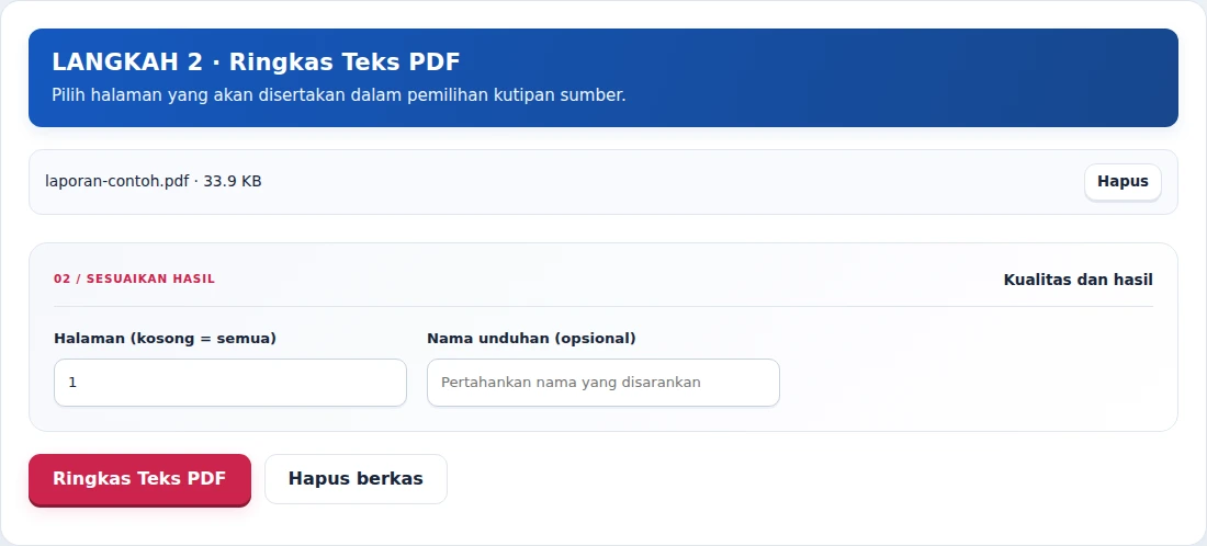 Ringkas Teks PDF, langkah 2: Pilih halaman yang akan disertakan dalam pemilihan kutipan sumber.