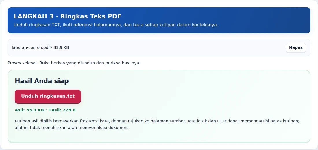 Ringkas Teks PDF, langkah 3: Unduh ringkasan TXT, ikuti referensi halamannya, dan baca setiap kutipan dalam konteksnya.