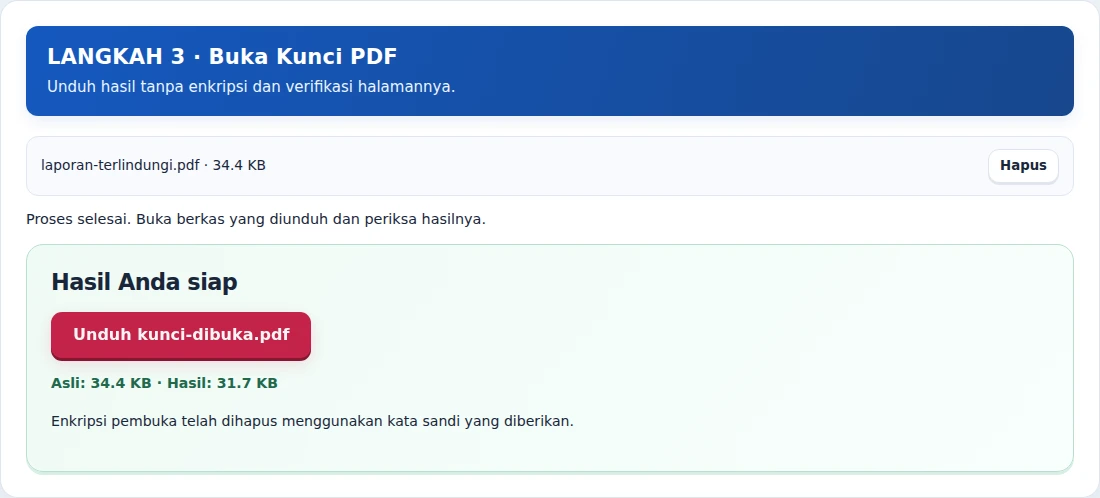 Buka Kunci PDF, langkah 3: Unduh hasil tanpa enkripsi dan verifikasi halamannya.