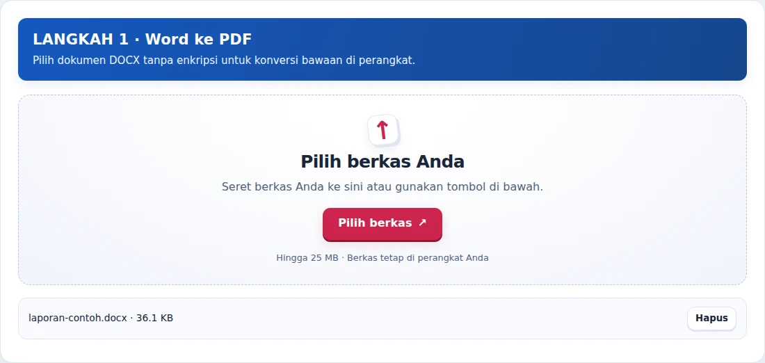 Word ke PDF, langkah 1: Pilih dokumen DOCX tanpa enkripsi untuk konversi bawaan di perangkat.