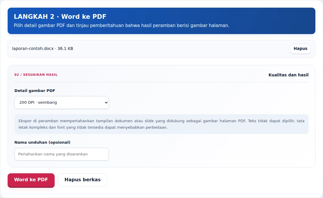 Word ke PDF, langkah 2: Pilih detail gambar PDF dan tinjau pemberitahuan bahwa hasil peramban berisi gambar halaman.
