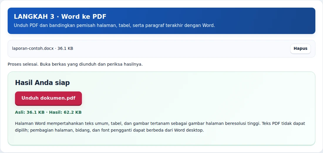 Word ke PDF, langkah 3: Unduh PDF dan bandingkan pemisah halaman, tabel, serta paragraf terakhir dengan Word.