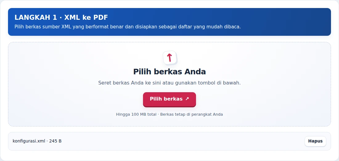 XML ke PDF, langkah 1: Pilih berkas sumber XML yang berformat benar dan disiapkan sebagai daftar yang mudah dibaca.