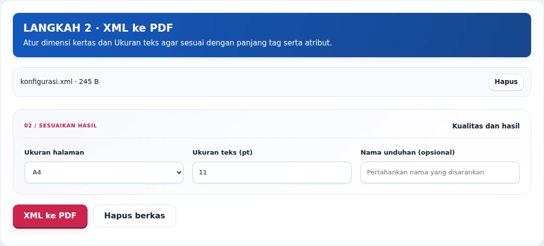 XML ke PDF, langkah 2: Atur dimensi kertas dan Ukuran teks agar sesuai dengan panjang tag serta atribut.