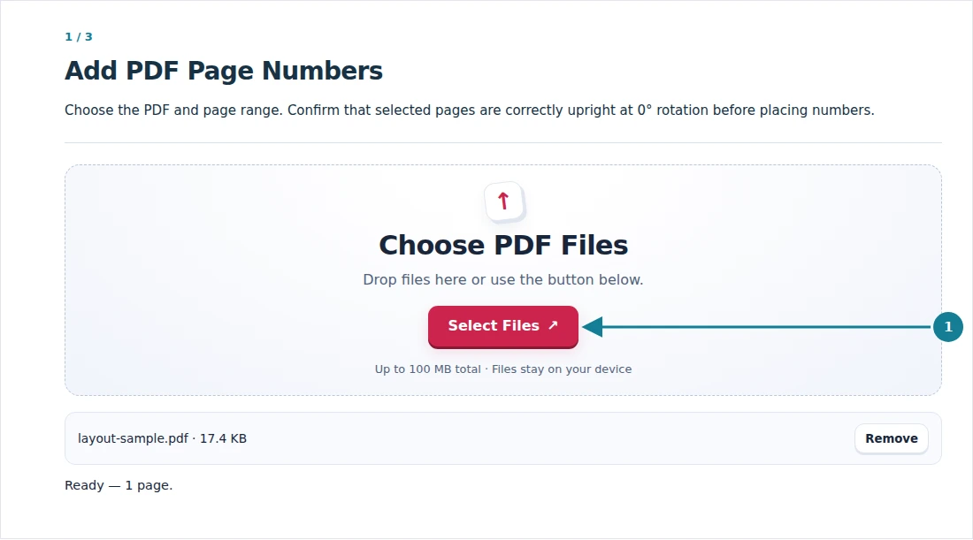Add PDF Page Numbers, step 1: Choose the PDF and page range. Confirm that selected pages are correctly upright at 0° rotation before placing numbers.