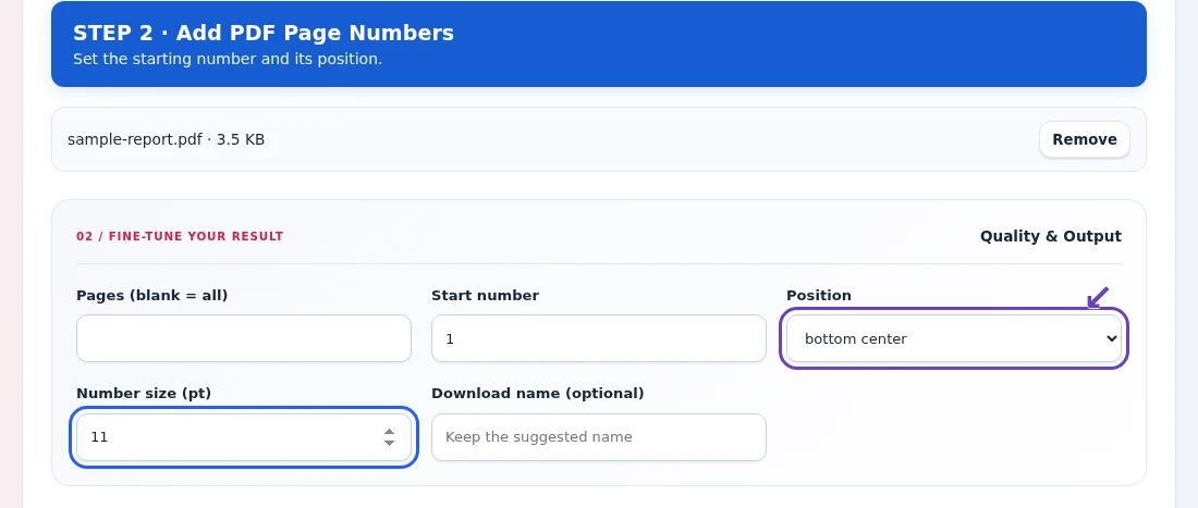 Add PDF Page Numbers, step 2: Set Start number, Position and Number size using the available controls.