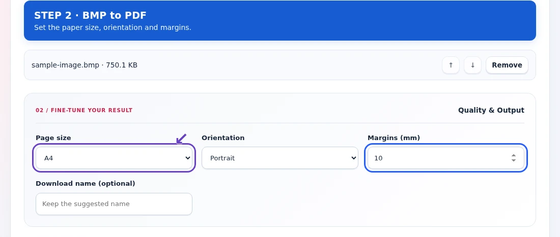 BMP to PDF, step 2: Choose paper or image-matched page dimensions and set the surrounding margins.