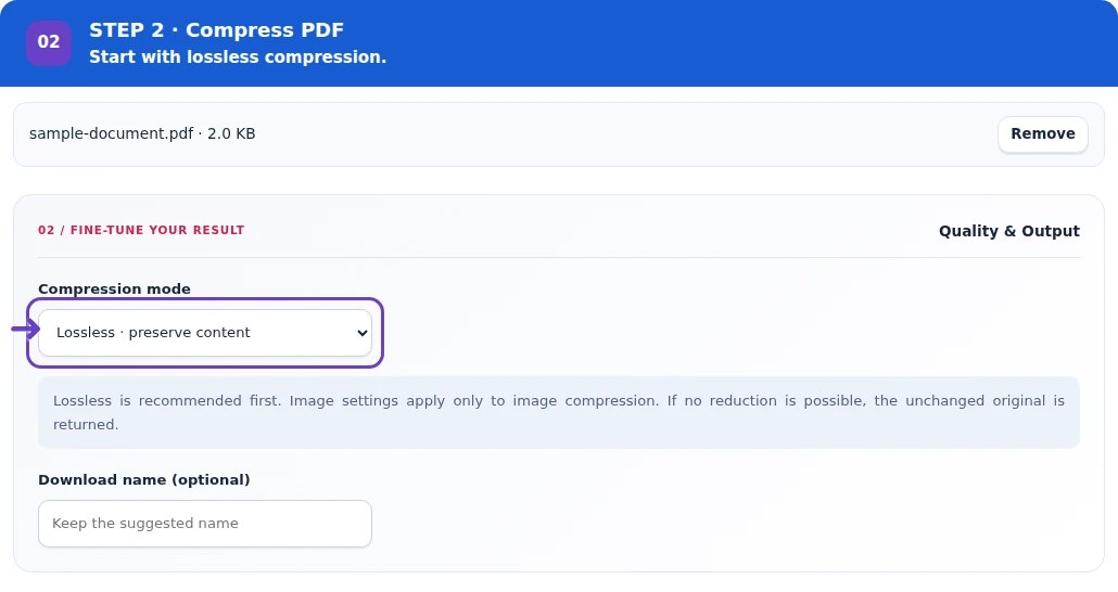 Compress PDF, step 2: Select lossless mode or configure and confirm image compression.