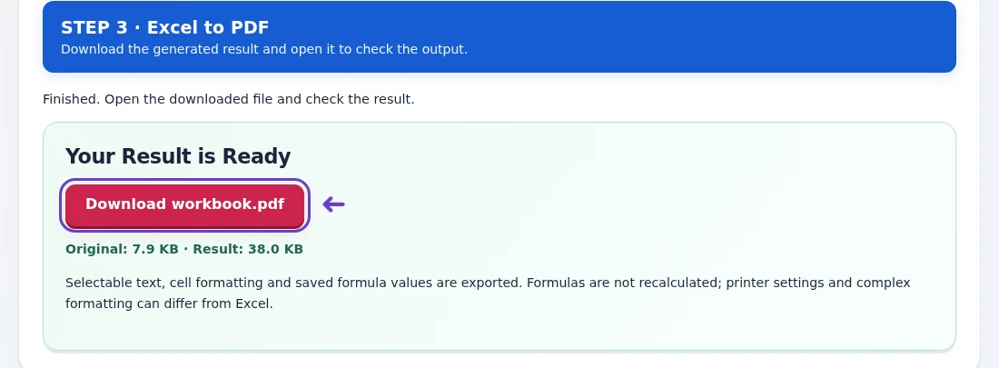 Excel to PDF, step 3: Download the PDF and compare totals, number formats and the rightmost columns with Excel.
