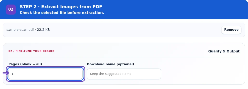 Extract Images from PDF, step 2: Choose the source pages and start embedded-image extraction.