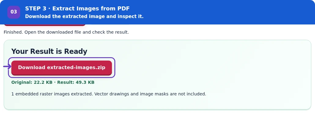 Extract Images from PDF, step 3: Download the ZIP and compare extracted PNGs with their pages.