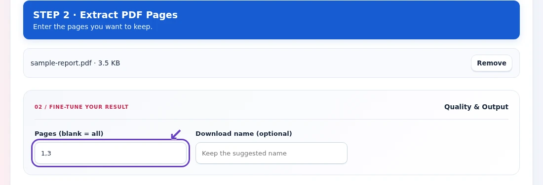 Extract PDF Pages, step 2: Select thumbnails or type the required Pages sequence, such as 1, 4-6.