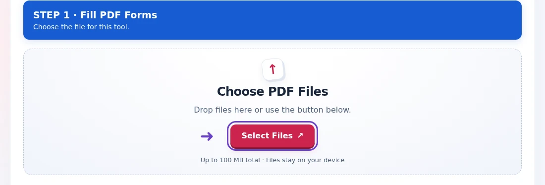 Fill PDF Forms, step 1: Choose a supported fillable PDF and match the detected fields to the page labels.