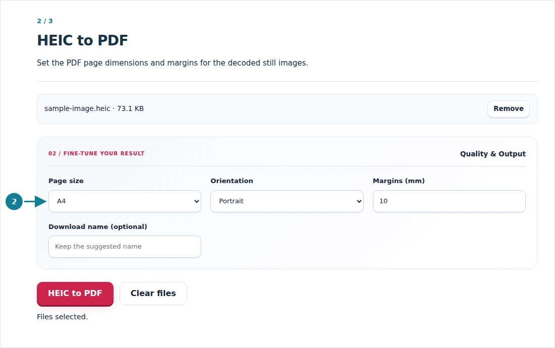 HEIC to PDF, step 2: Set the PDF page dimensions and margins for the decoded still images.