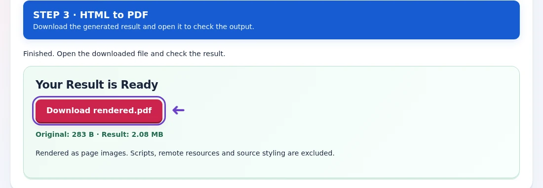 HTML to PDF, step 3: Download the PDF and compare supported content and page breaks with the local source.