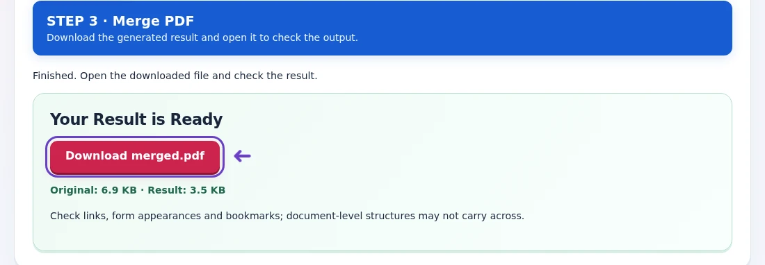 Merge PDF, step 3: Download the merged PDF and check page count and every source-file boundary.
