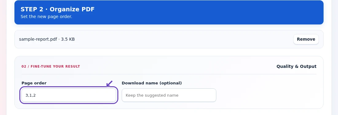 Organize PDF, step 2: Use Earlier/Later or enter a complete Page order such as 4, 1, 2, 3.