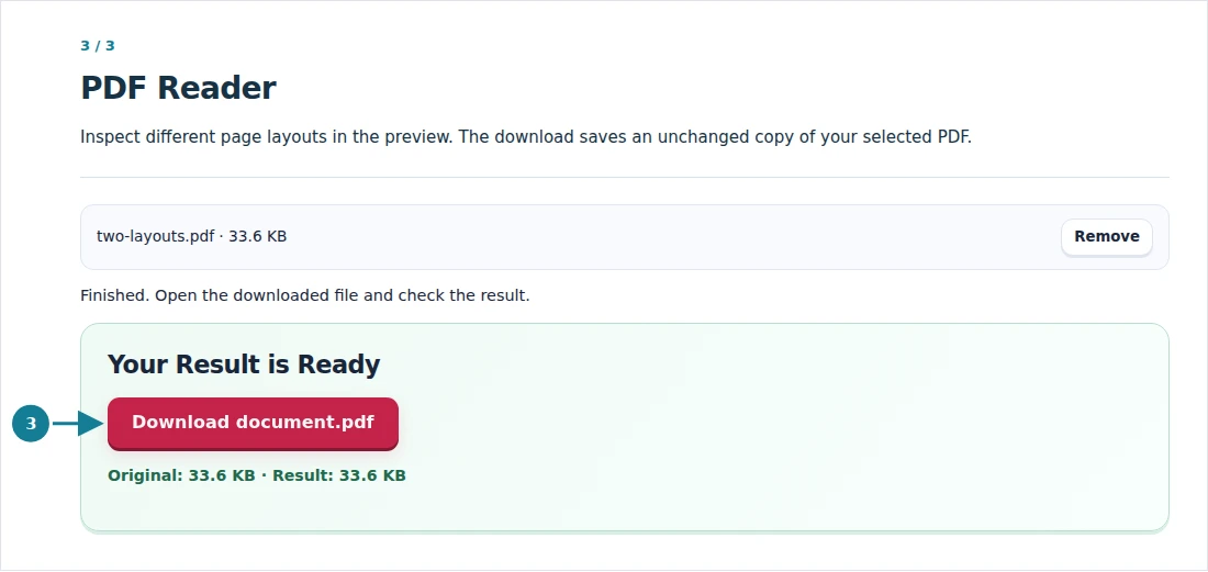 PDF Reader, step 3: Inspect different page layouts in the preview. The download saves an unchanged copy of your selected PDF.