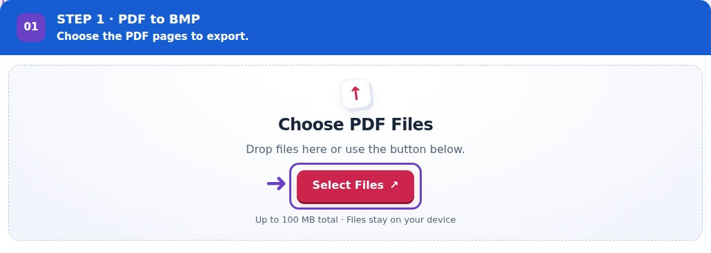 PDF to BMP, step 1: Select a PDF containing the page needed by your BMP workflow.