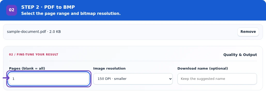 PDF to BMP, step 2: Choose the page range and bitmap resolution.