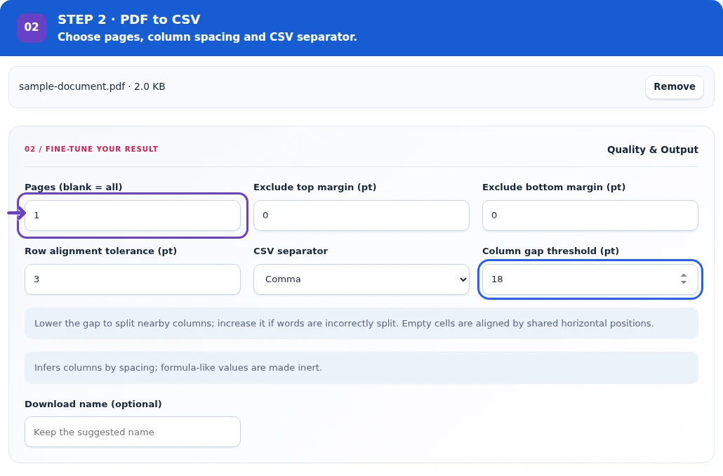 PDF to CSV, step 2: Select pages, separator and row or column inference settings.