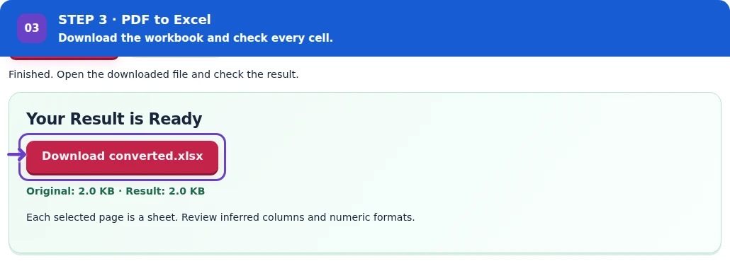 PDF to Excel, step 3: Download the XLSX and verify cells before calculating totals.