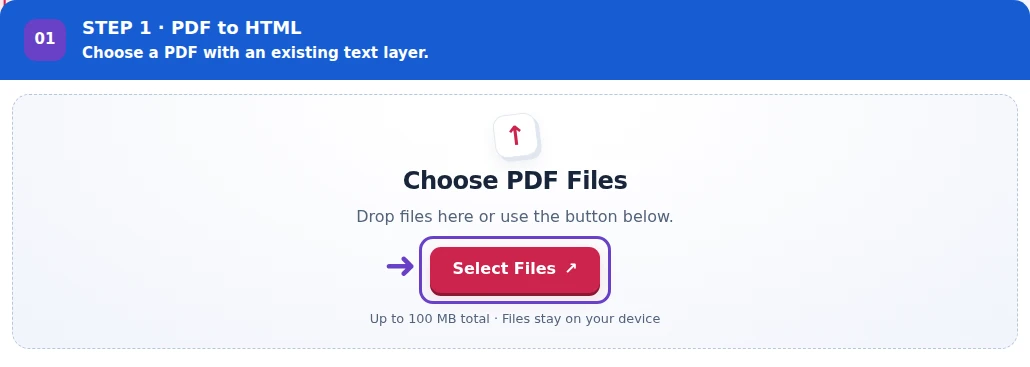 PDF to HTML, step 1: Choose a text-based PDF for HTML extraction.