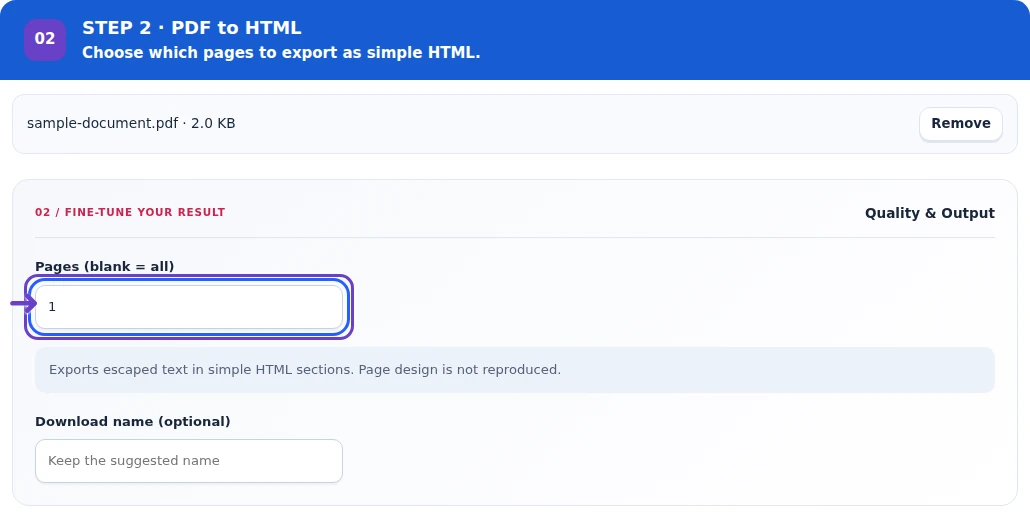 PDF to HTML, step 2: Set the source pages and optional download name.