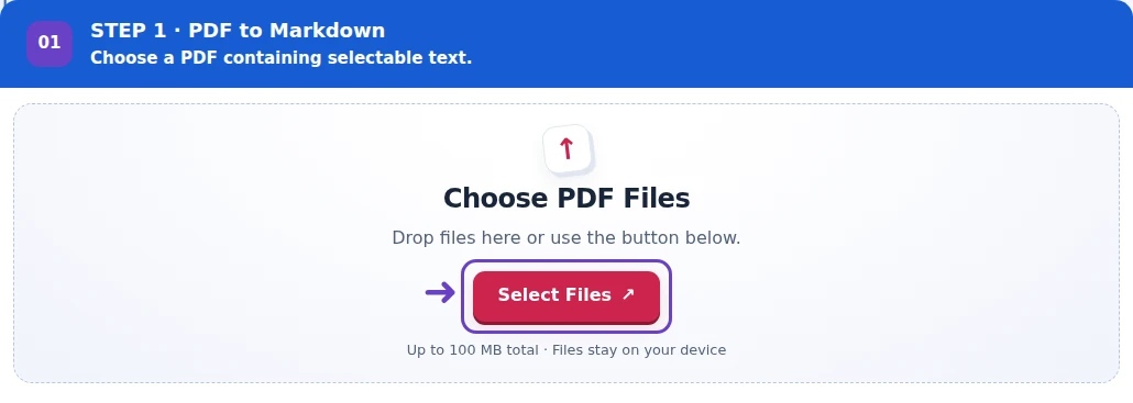 PDF to Markdown, step 1: Select a PDF with selectable wording for Markdown export.