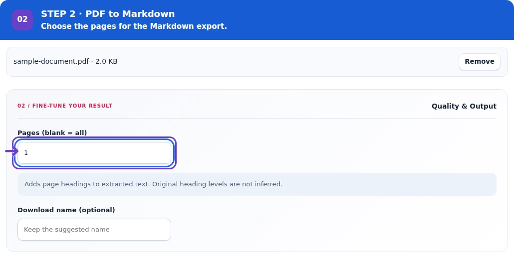 PDF to Markdown, step 2: Choose the pages and optional name of the MD file.