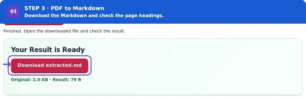 PDF to Markdown, step 3: Download and preview the Markdown before organizing the note.