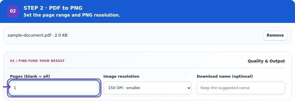 PDF to PNG, step 2: Select pages and a PNG image resolution.