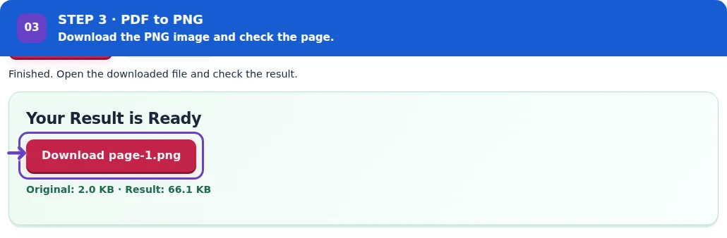 PDF to PNG, step 3: Download the PNG files and check text and diagram edges.