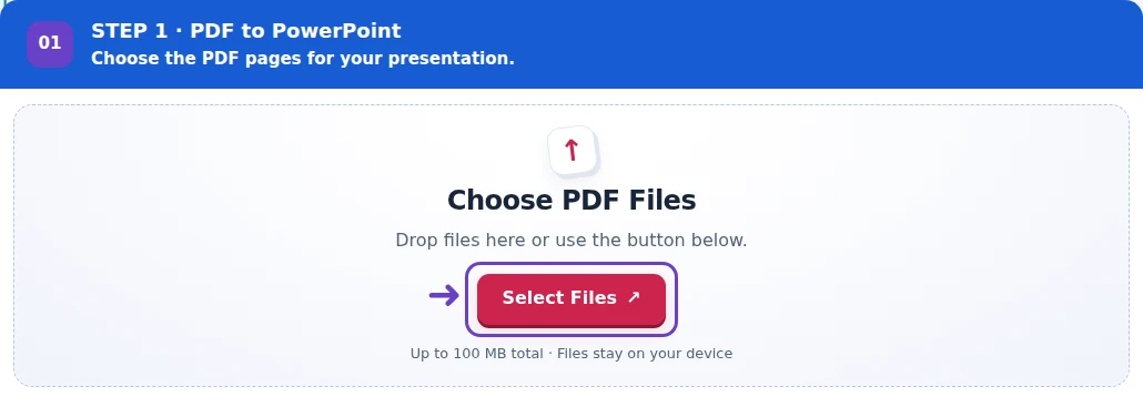 PDF to PowerPoint, step 1: Select the PDF pages you want to present.