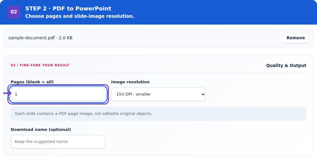 PDF to PowerPoint, step 2: Set the page range and slide-image resolution.