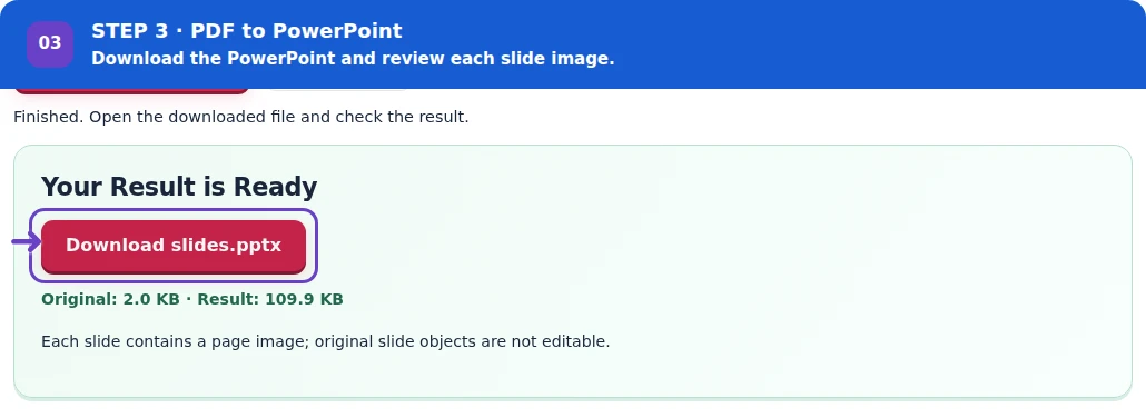 PDF to PowerPoint, step 3: Download the PPTX and check every slide in presentation view.