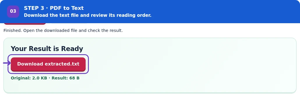 PDF to Text, step 3: Download the TXT file and verify its wording against the PDF.