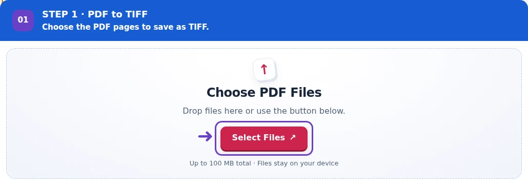 PDF to TIFF, step 1: Choose the PDF pages you need as TIFF images.
