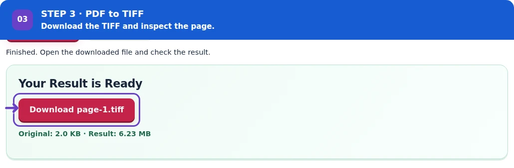 PDF to TIFF, step 3: Download separate TIFF pages and confirm format compatibility.