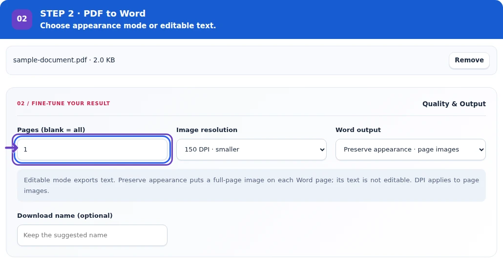 PDF to Word, step 2: Choose the pages, Word output mode and appearance-mode DPI.