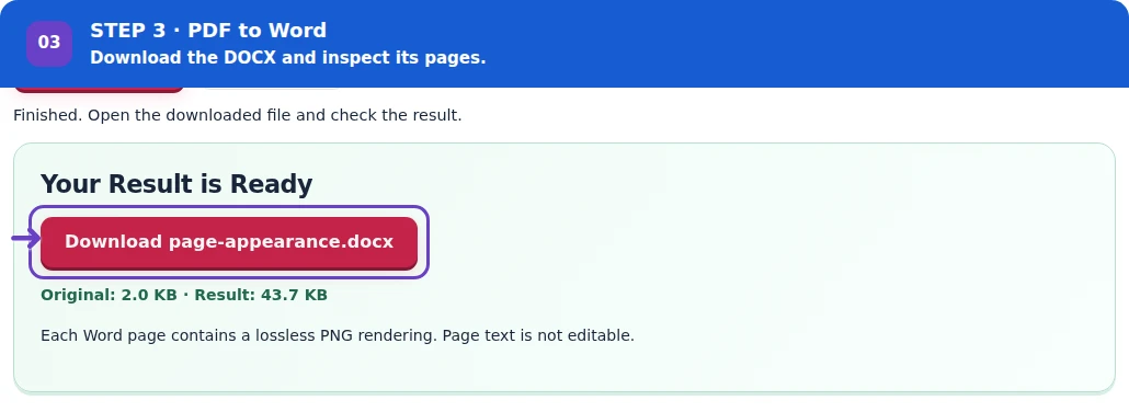 PDF to Word, step 3: Download the DOCX and check editable text or page-image quality.